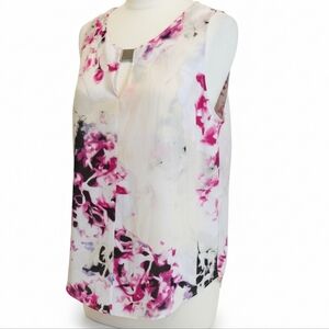 2X DKNYC Floral Keyhole Blouse With Necklace Built In, Cream, White, Pinks